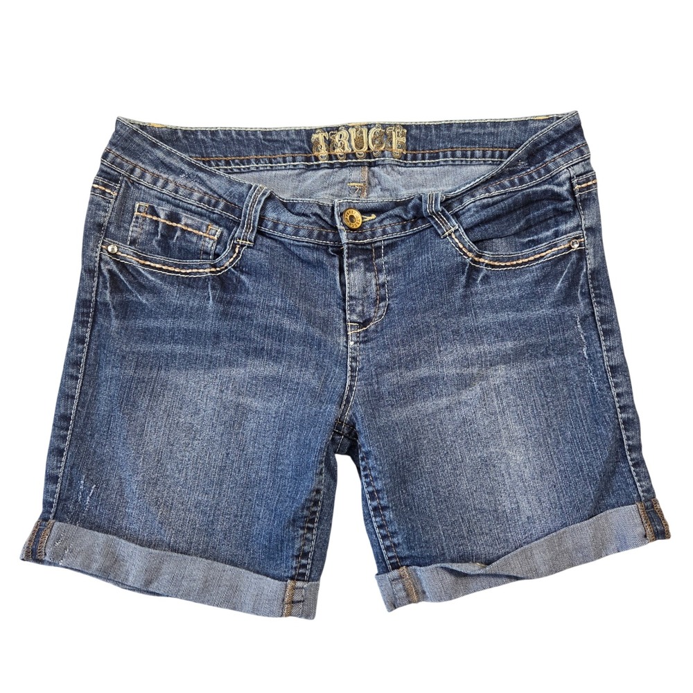 Truce Womens Dark Wash Cuffed Denim Shorts Rhinestone Pocket Blue 13 RN120246